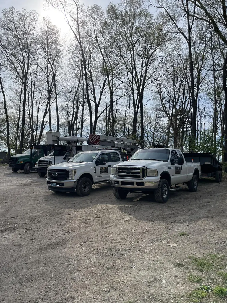 Flores Tree Service bucket truck and crew trucks staged for a job in Knoxville, TN